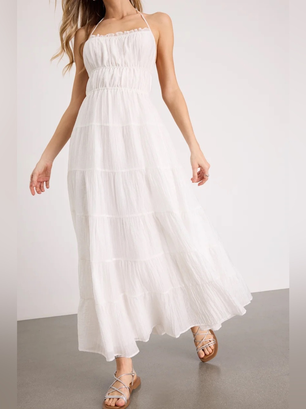 Lulus Ameera White Textured Tiered Backless Maxi Dress XS